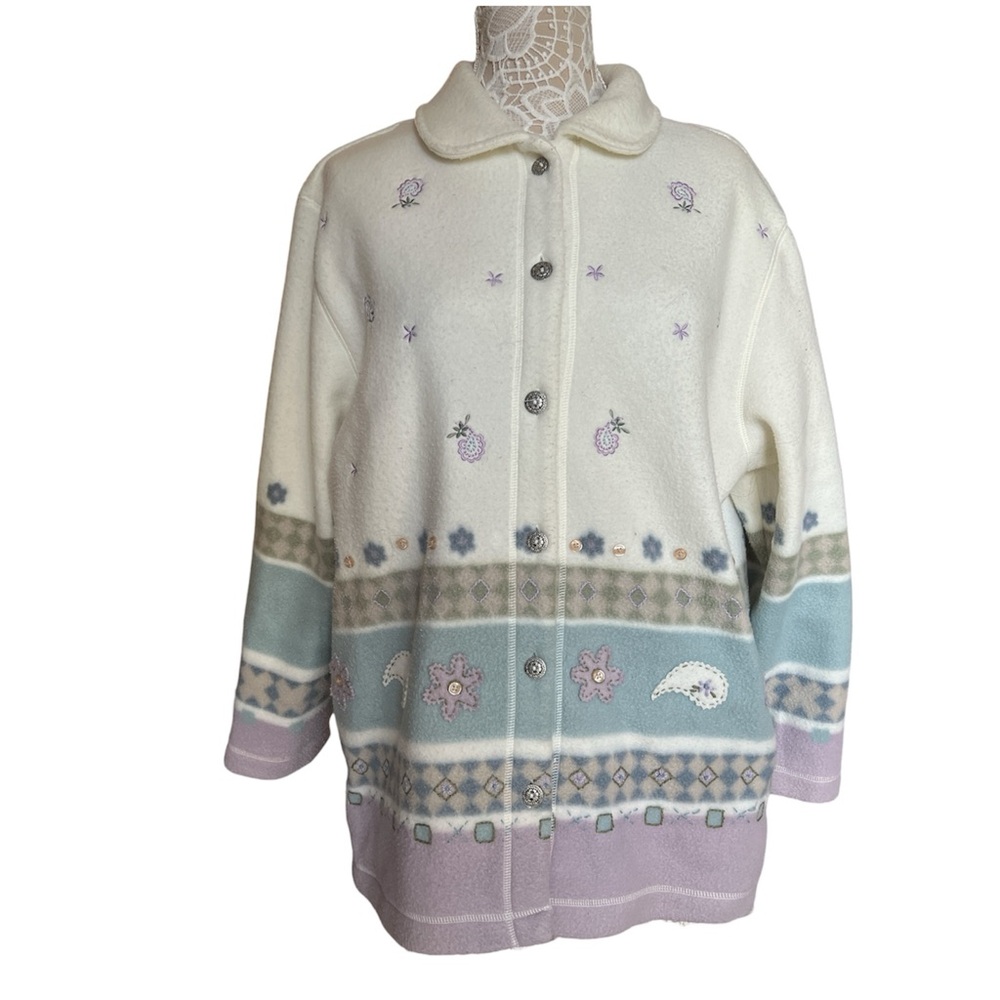 Alfred Dunner Cream Teddy Jacket with Pastel Lavender & Blue Accents